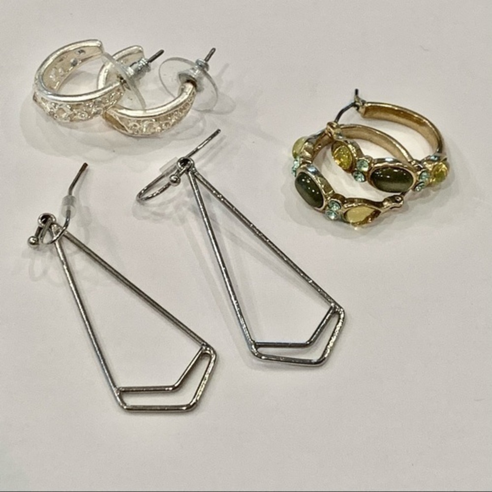 💐5/25 lot bundle 3 pair hoop dangle silver tone